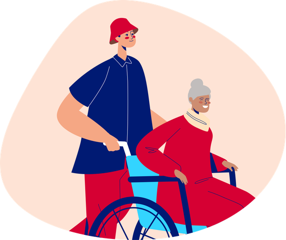 Jeune homme aidant une personne âgée dans un fauteuil roulant